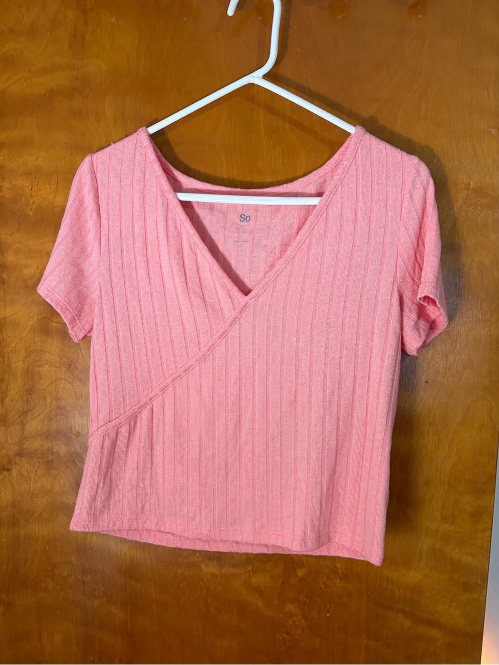SO Pink Ribbed V-Neck Wrap Short Sleeve Top